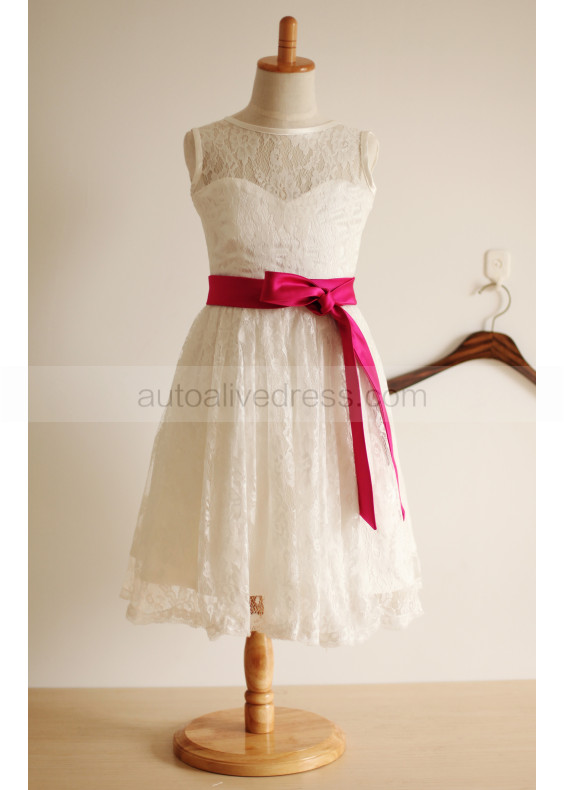 Ivory Lace Slit Back Knee Length Flower Girl Dress